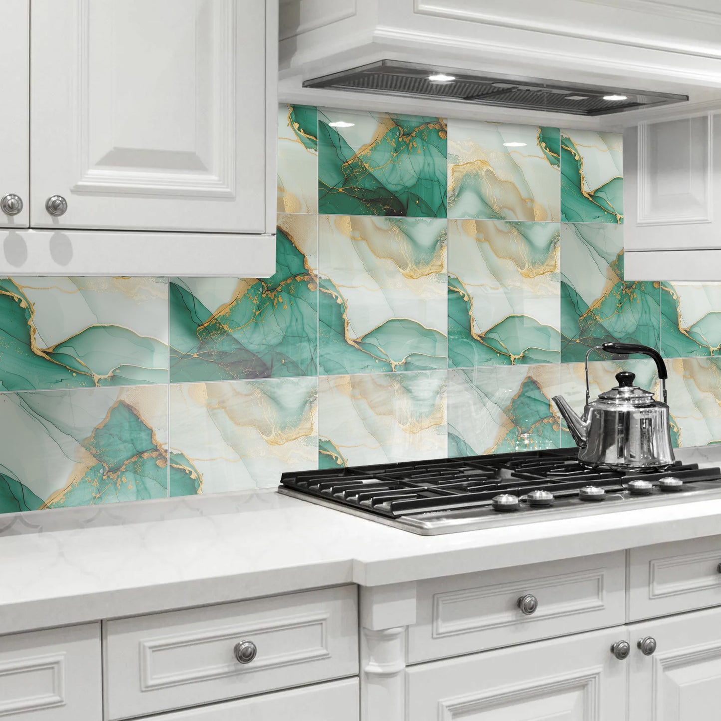 DEWOO 10pcs Peel and Stick Backsplash Wall Tile, Waterproof Peel and Stick Marble Wall Tiles, Self - Adhesive Panels for Bathroom, Kitchen, and Living Room (Green Gold Marble,12"×12") - DEWOO TILES