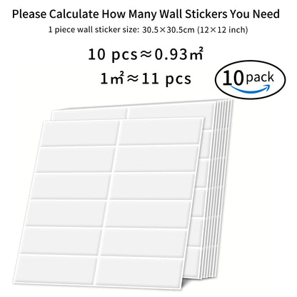 DEWOO 10pcs Peel and Stick Backsplash Wall Tiles, Extra Thick 3D Wall Panels, Heat & Water Resistant, Easy DIY Kitchen, Bathroom, Laundry, Fireplace & Rental Home Wall Décor (White, 12"×12") - DEWOO TILES