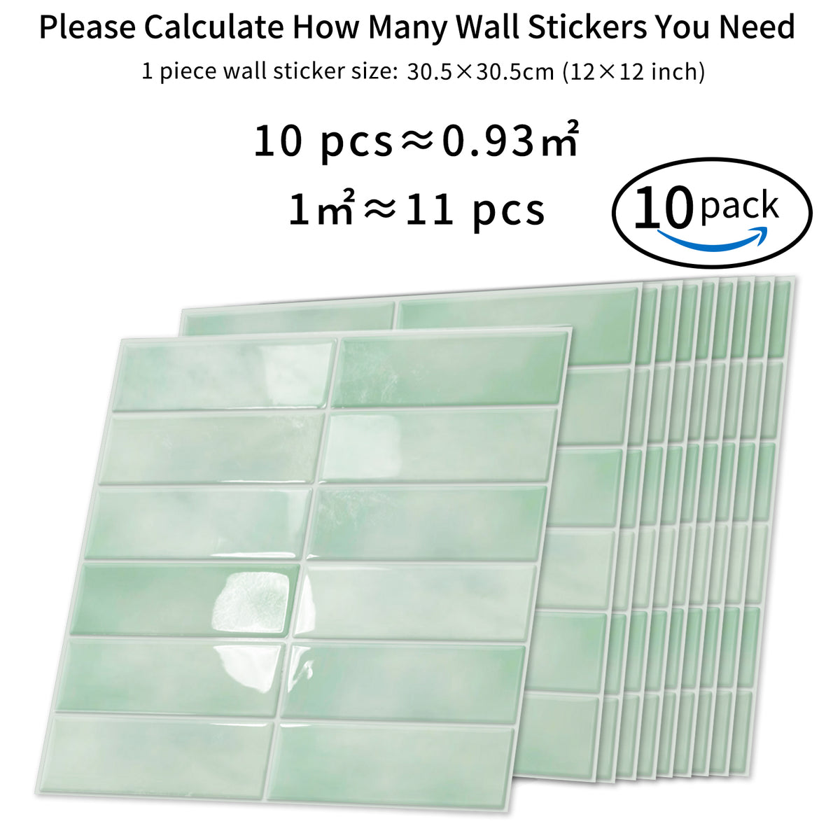 DEWOO Peel and Stick Backsplash - 10 Sheets of 12"×12" - 3D Adhesive Peel and Stick Tile Backsplash for Kitchen, Bathroom, Wall Tile, Light Green - DEWOO TILES