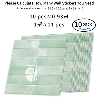 DEWOO Peel and Stick Backsplash - 10 Sheets of 12"×12" - 3D Adhesive Peel and Stick Tile Backsplash for Kitchen, Bathroom, Wall Tile, Light Green - DEWOO TILES