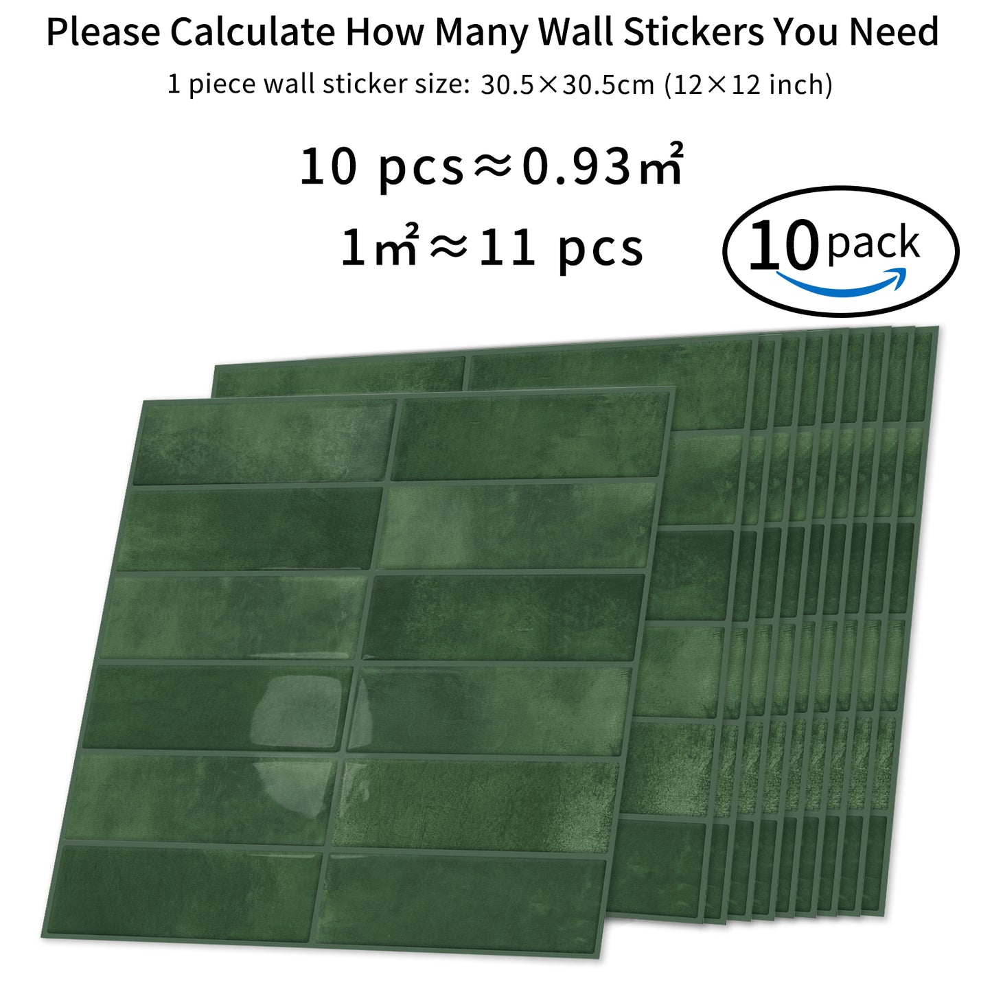 DEWOO 10pcs Peel and Stick Backsplash Wall Tiles, Extra Thick 3D Wall Panels, Heat & Water Resistant, Easy DIY Kitchen, Bathroom, Laundry, Fireplace & Rental Home Wall Décor (Dark Green, 12"×12") - DEWOO TILES