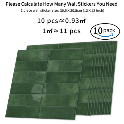 DEWOO 10pcs Peel and Stick Backsplash Wall Tiles, Extra Thick 3D Wall Panels, Heat & Water Resistant, Easy DIY Kitchen, Bathroom, Laundry, Fireplace & Rental Home Wall Décor (Dark Green, 12"×12") - DEWOO TILES