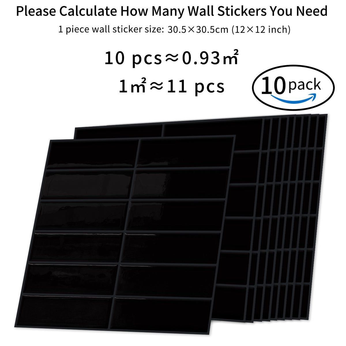 DEWOO Peel and Stick Backsplash - 10 Sheets of 12"×12" - 3D Adhesive Peel and Stick Tile Backsplash for Kitchen, Bathroom, Wall Tile, Black - DEWOO TILES