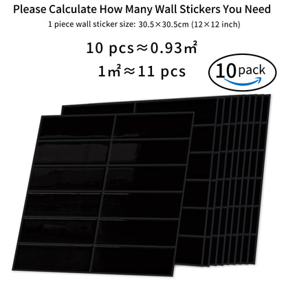 DEWOO Peel and Stick Backsplash - 10 Sheets of 12"×12" - 3D Adhesive Peel and Stick Tile Backsplash for Kitchen, Bathroom, Wall Tile, Black - DEWOO TILES