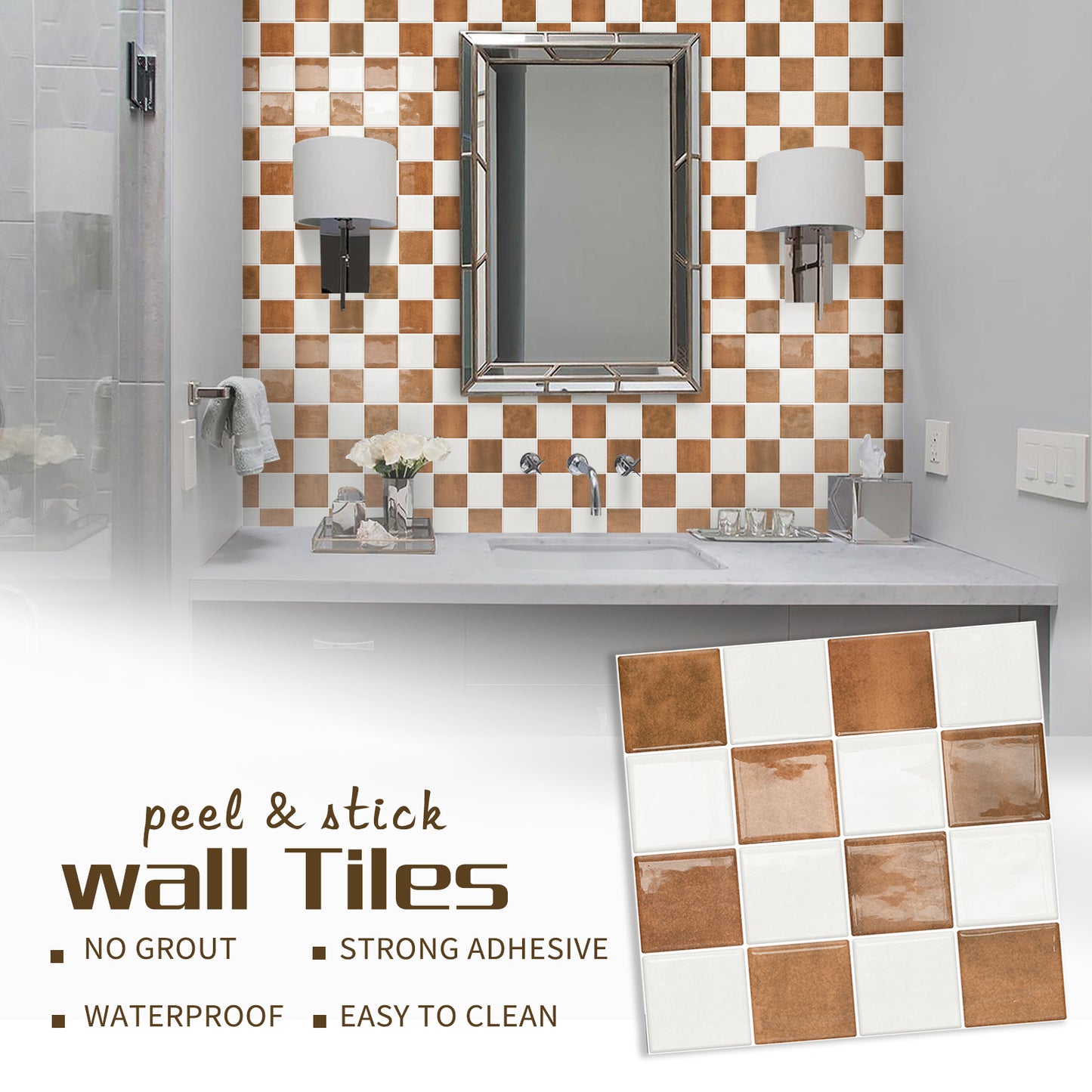 DEWOO Thick Peel and Stick Backsplash Tiles Kitchen Bathroom Square Self Adhesive Wall Tile Checkerboard Checkered Stickers,Orange (10 - Sheet, 9"×9") - DEWOO TILES