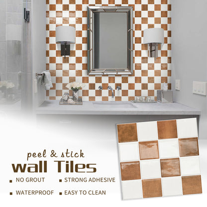 DEWOO Thick Peel and Stick Backsplash Tiles Kitchen Bathroom Square Self Adhesive Wall Tile Checkerboard Checkered Stickers,Orange (10 - Sheet, 9"×9") - DEWOO TILES