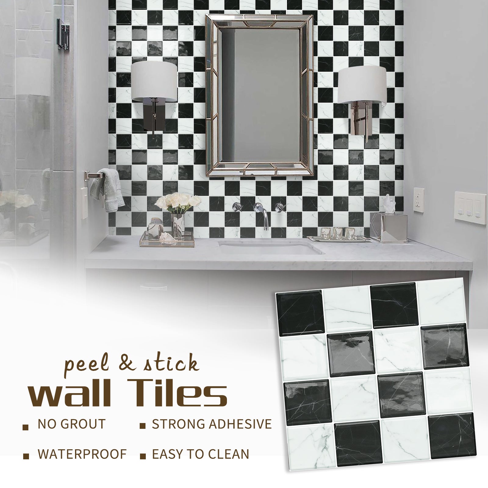 DEWOO Thick Peel and Stick Backsplash Tiles Kitchen Bathroom Square Self Adhesive Wall Tile Checkerboard Checkered Stickers,Black (10 - Sheet, 9"×9") - DEWOO TILES
