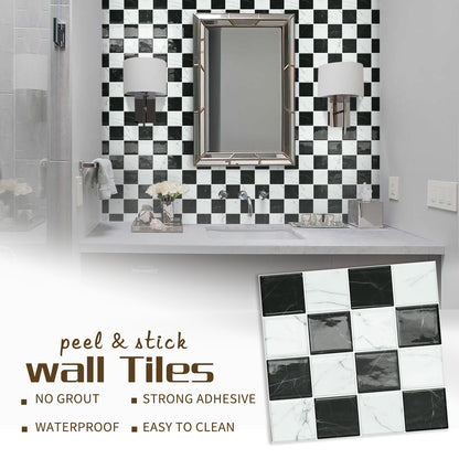 DEWOO Thick Peel and Stick Backsplash Tiles Kitchen Bathroom Square Self Adhesive Wall Tile Checkerboard Checkered Stickers,Black (10 - Sheet, 9"×9") - DEWOO TILES