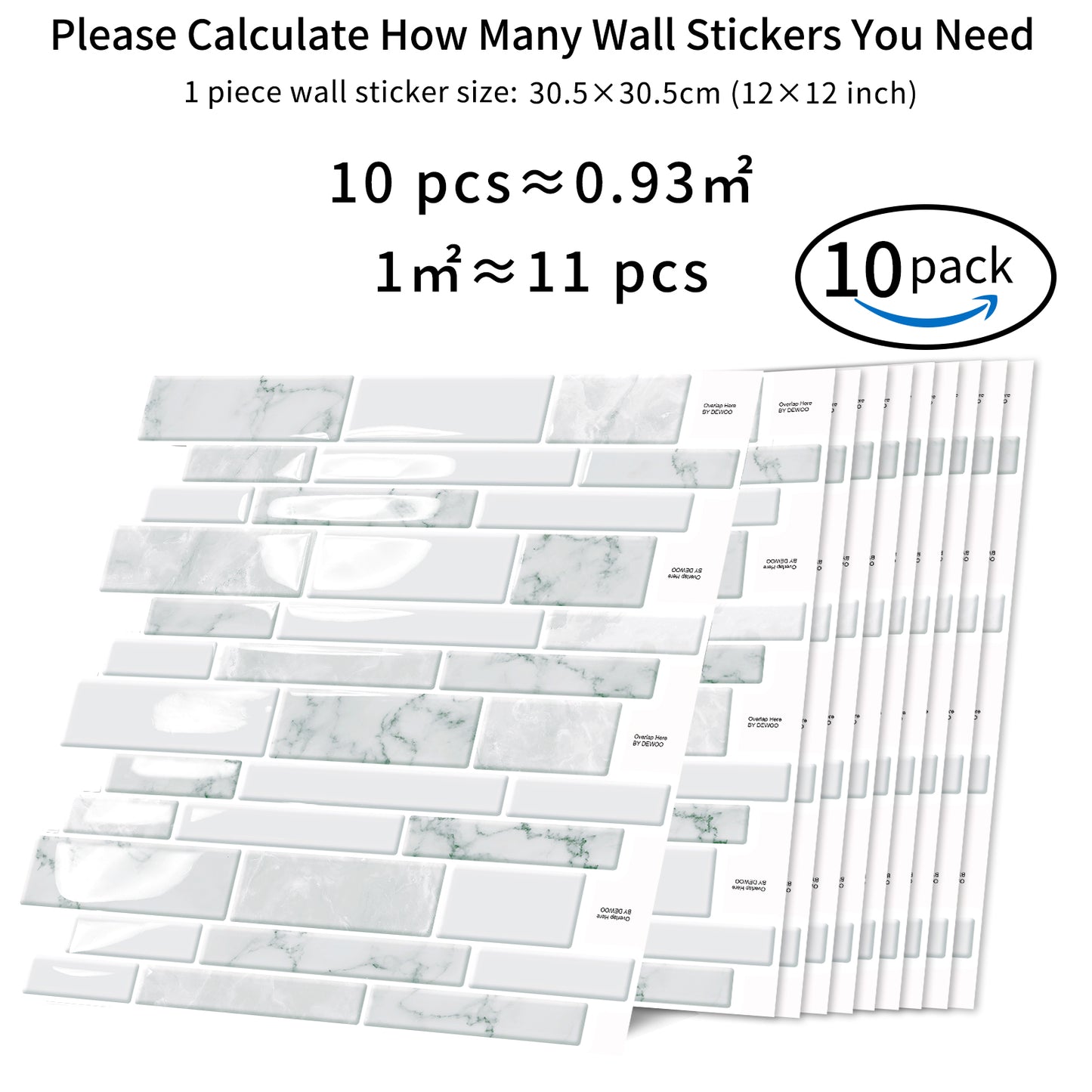 DEWOO 10 - Sheet Peel and Stick Kitchen Backsplash Tiles, 12"x12" Self - Adhesive Marble Multicolor Wall Tiles for Kitchen and Bathroom(White Marble) - DEWOO TILES
