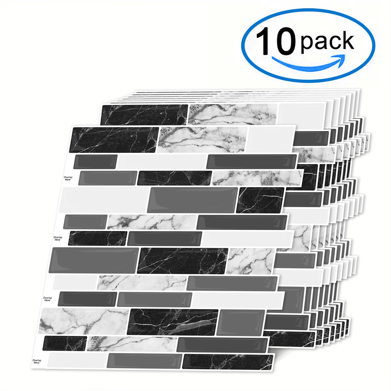 DEWOO 10 Sheets Peel and Stick Tile Backsplash, Stick on Wall Tiles, Self Adhesive Tile Sticker for Kitchen Backsplash and Bathroom(12"x12",Black Marble) - DEWOO TILES