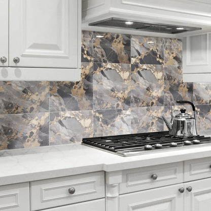 DEWOO 10pcs Peel and Stick Backsplash Wall Tile, Waterproof Peel and Stick Marble Wall Tiles, Self - Adhesive Panels for Bathroom, Kitchen, and Living Room (Brown Marble,12"×12") - DEWOO TILES