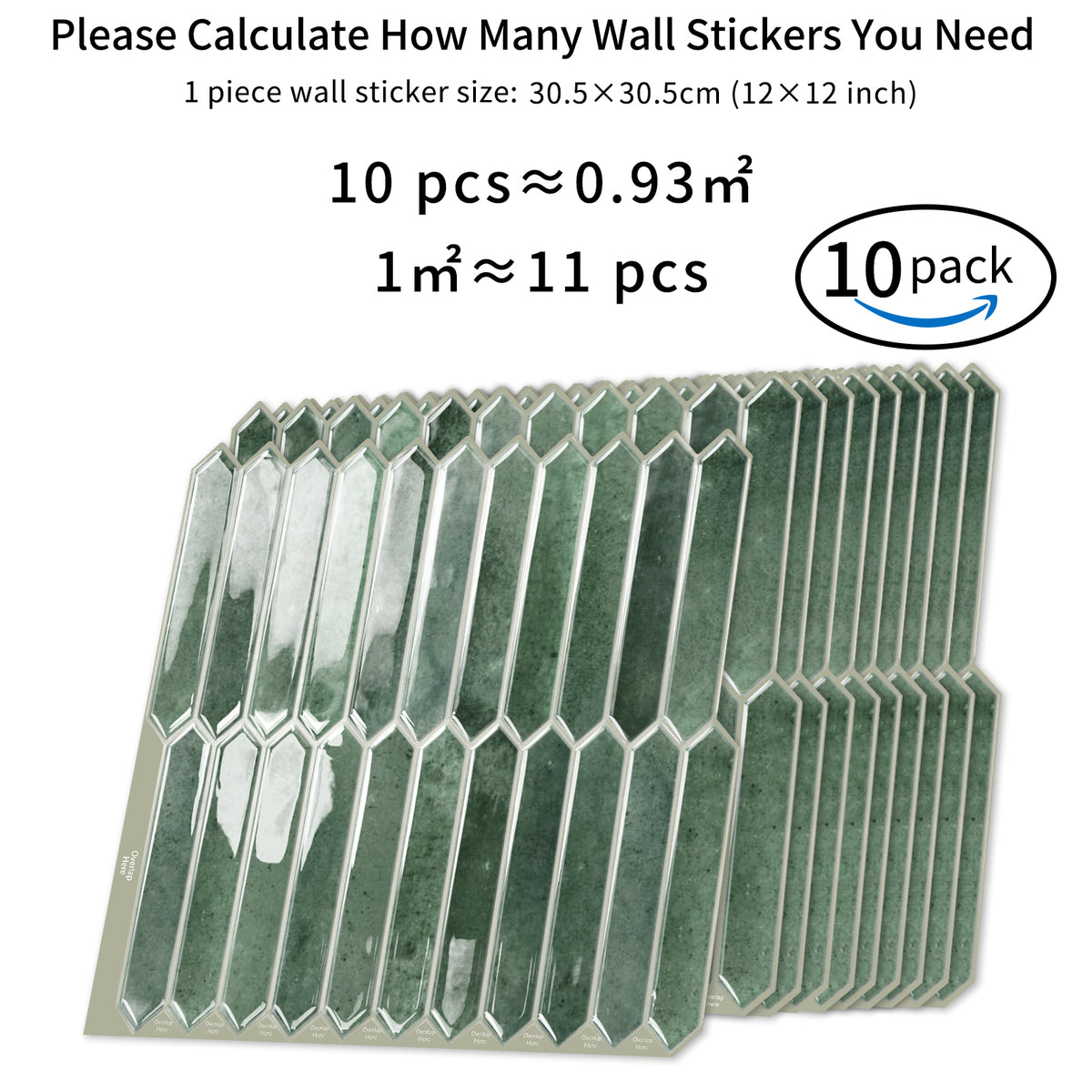 DEWOO Green Tile Peel and Stick Backsplash, 10 Sheets Self-Adhesive Wall Tiles Stick on Back Splash for Kitchen, Bathroom, Fireplace,RV(12"×12",Green Marble) - DEWOO TILES