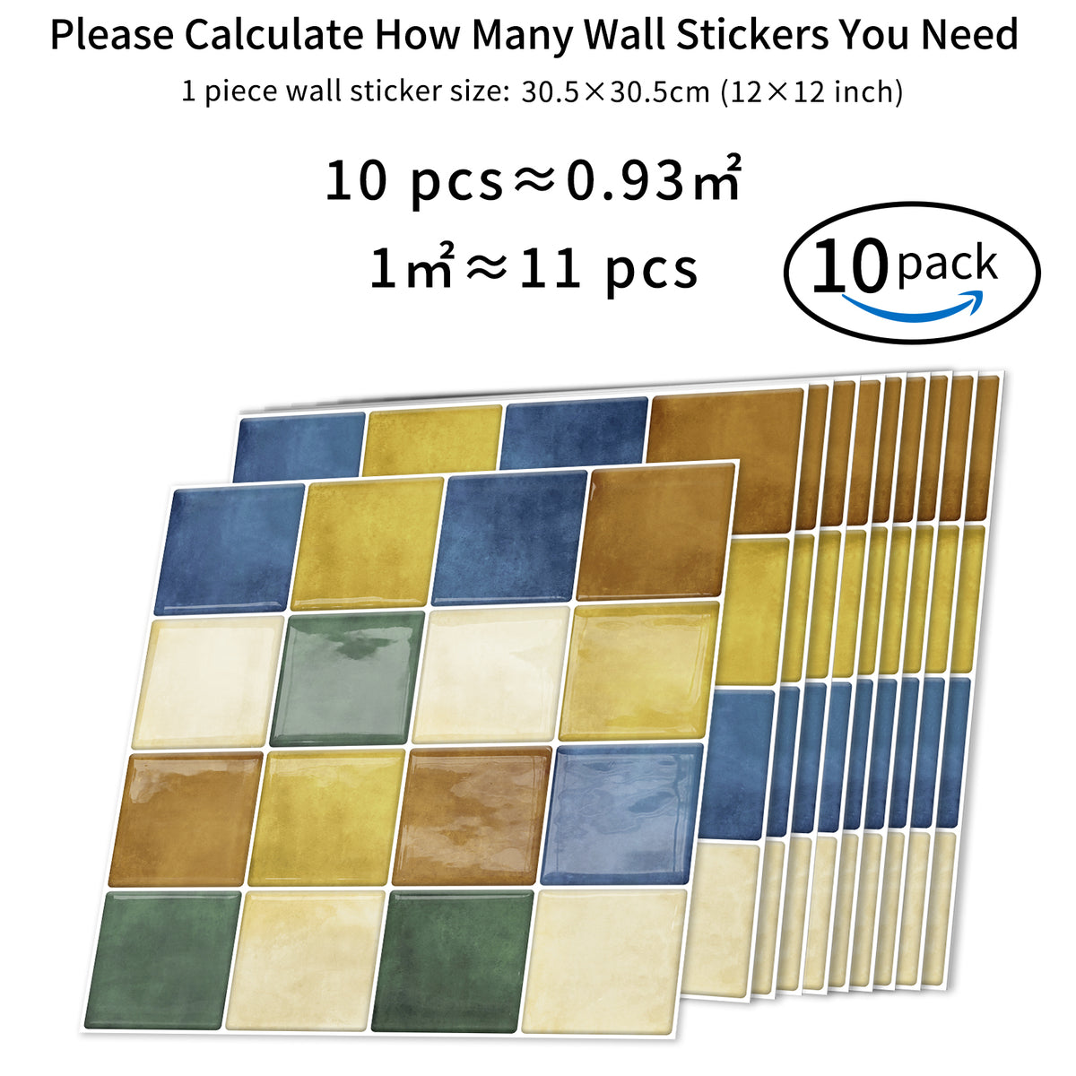 DEWOO Thick Square Kitchen Peel and Stick Backsplash Mosaic Tiles Square Self Adhesive Wall Tile Checkerboard Checkered Stickers,Multicolor (10-Sheet,12"x12") - DEWOO TILES