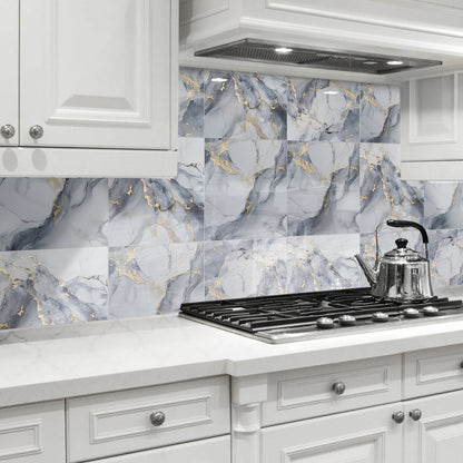 DEWOO 10pcs Peel and Stick Backsplash Wall Tile, Waterproof Peel and Stick Marble Wall Tiles, Self - Adhesive Panels for Bathroom, Kitchen, and Living Room (Dark Gray Marble,12"×12") - DEWOO TILES