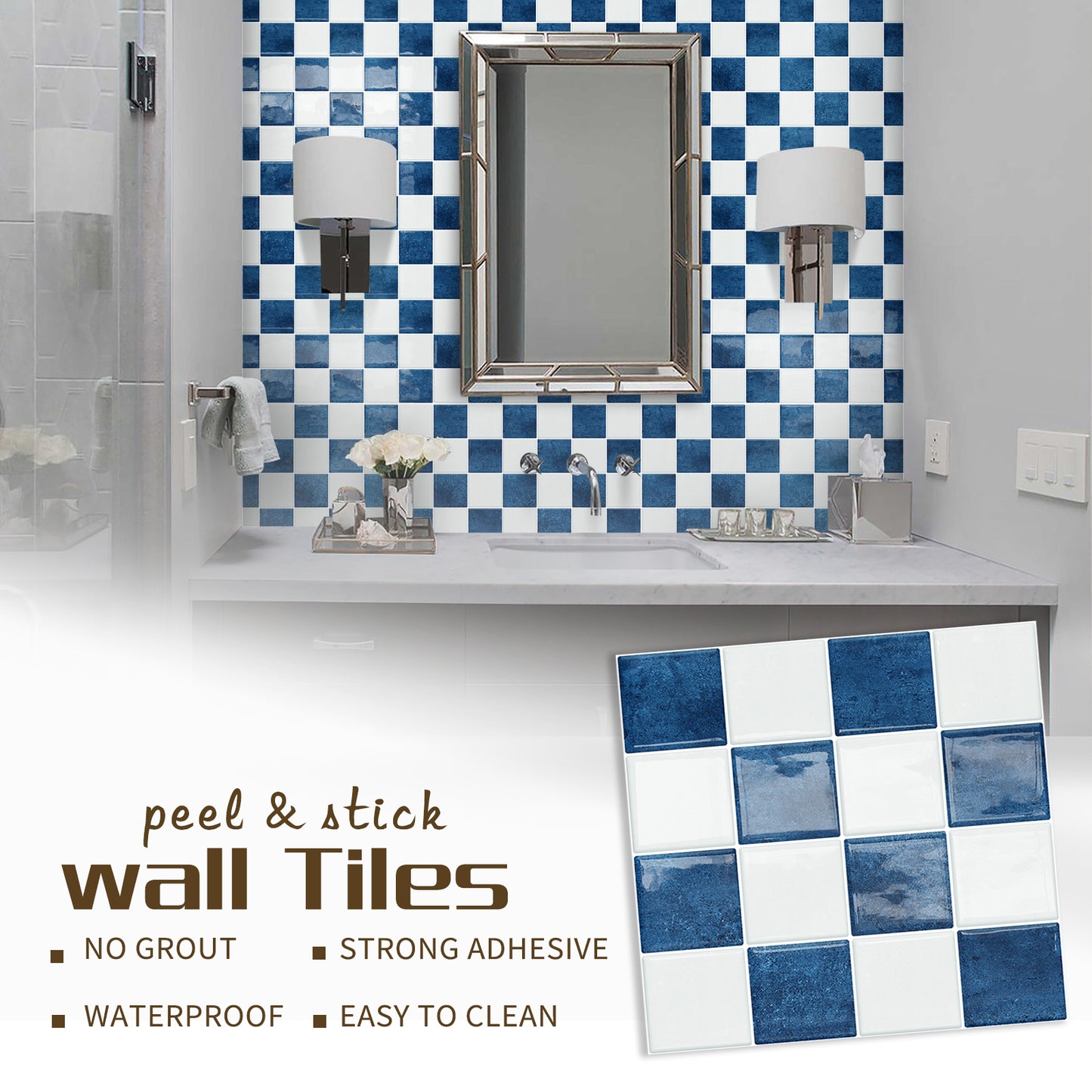DEWOO Thick Peel and Stick Backsplash Tiles Kitchen Bathroom Square Self Adhesive Wall Tile Checkerboard Checkered Stickers,Blue (10 - Sheet, 9"×9") - DEWOO TILES