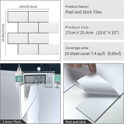 DEWOO 10 Peel and Stick Subway Tile Kitchen Backsplash for Wall, White (Thicker Design) - DEWOO TILES