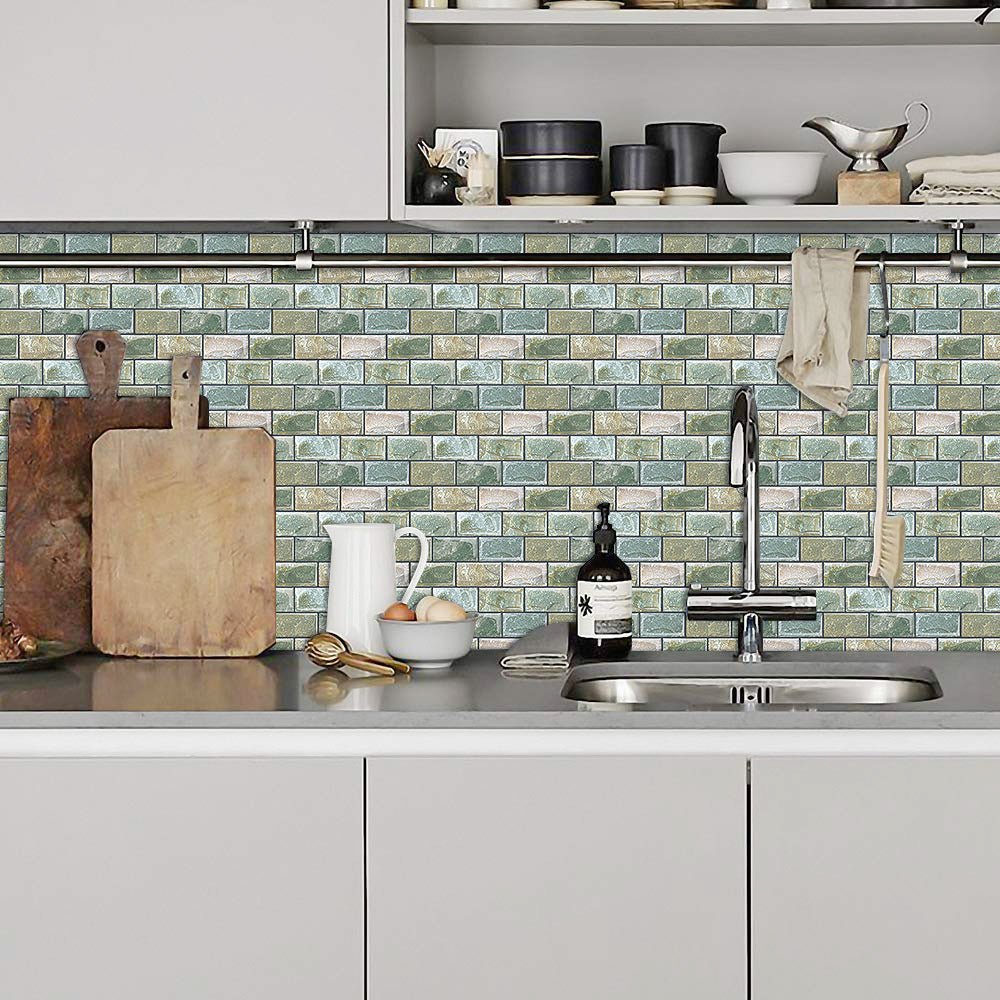 DEWOO 10 Sheets Peel and Stick Tile Backsplash for Kitchen Wall Tile, Self Adhesive Brick Backsplash Subway Tiles Backsplash, Stick on Tiles Kitchen Backsplash(Retro Green,10.6"x10") - DEWOO TILES
