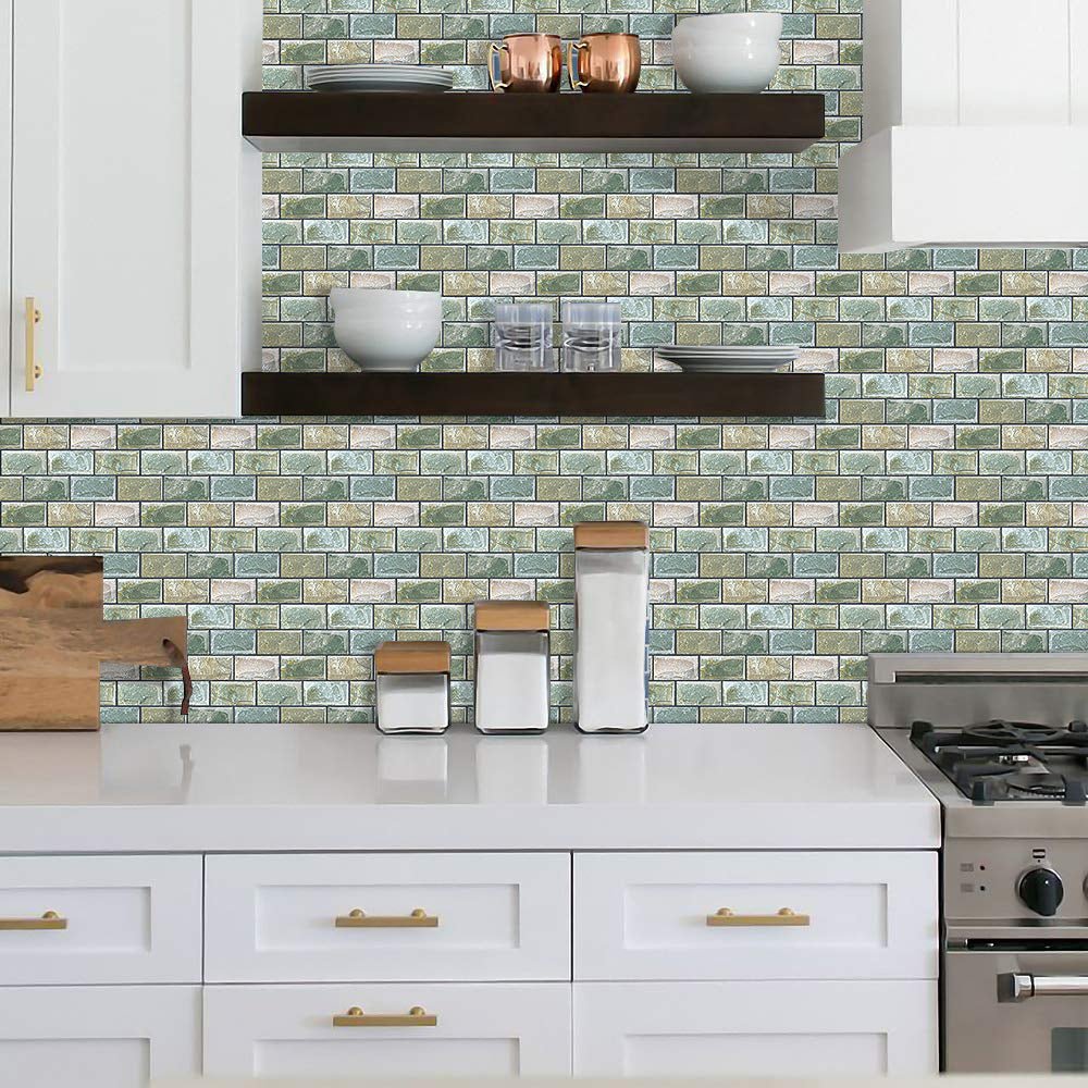 DEWOO 10 Sheets Peel and Stick Tile Backsplash for Kitchen Wall Tile, Self Adhesive Brick Backsplash Subway Tiles Backsplash, Stick on Tiles Kitchen Backsplash(Retro Green,10.6"x10") - DEWOO TILES
