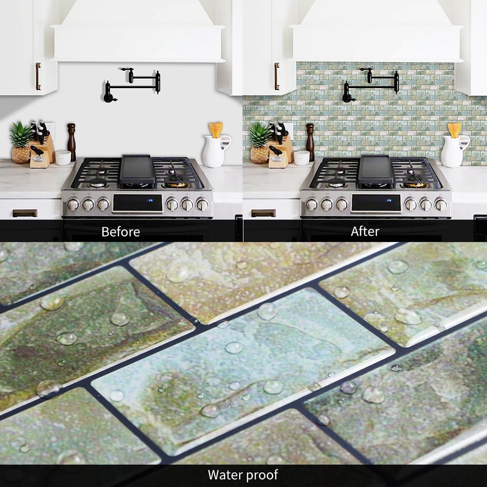 DEWOO 10 Sheets Peel and Stick Tile Backsplash for Kitchen Wall Tile, Self Adhesive Brick Backsplash Subway Tiles Backsplash, Stick on Tiles Kitchen Backsplash(Retro Green,10.6"x10") - DEWOO TILES