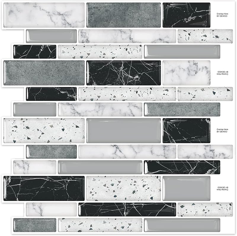 Peel and Stick on Self Adhesive Backsplash Wall Marble Tiles Stickers 3D for Kitchen Bathroom,Black (10 - Sheet, 12"×12") - DEWOO TILES