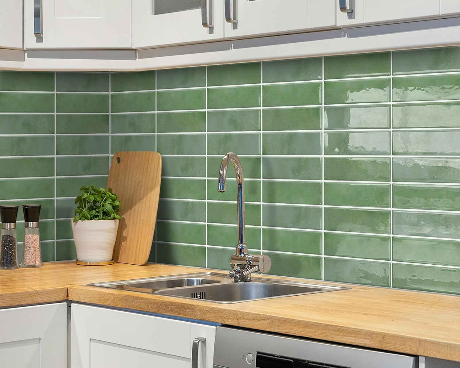 DEWOO Green Peel and Stick Backsplash Subway Wall Tile for Kitchen Bathroom, Thin 10 - Sheet (12"×12") - DEWOO TILES