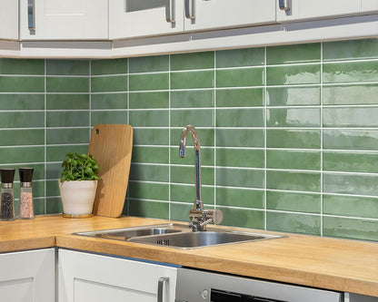 DEWOO Green Peel and Stick Backsplash Subway Wall Tile for Kitchen Bathroom, Thin 10 - Sheet (12"×12") - DEWOO TILES
