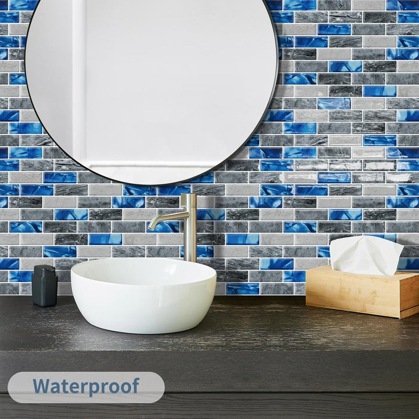 DEWOO Kitchen Backsplash Self Adhesive Wall 3D Marble Tiles Peel and Stick Bathroom, Blue (10 - Sheet, 12"×12") - DEWOO TILES