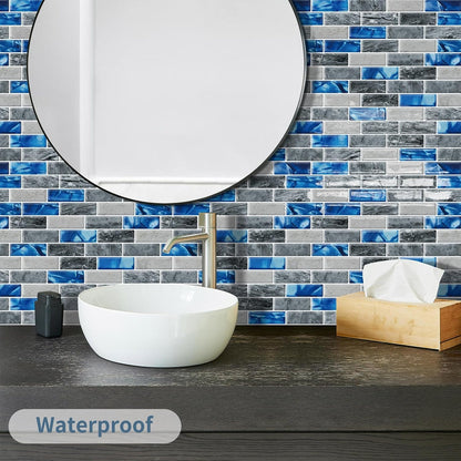 DEWOO Kitchen Backsplash Self Adhesive Wall 3D Marble Tiles Peel and Stick Bathroom, Blue (10 - Sheet, 12"×12") - DEWOO TILES
