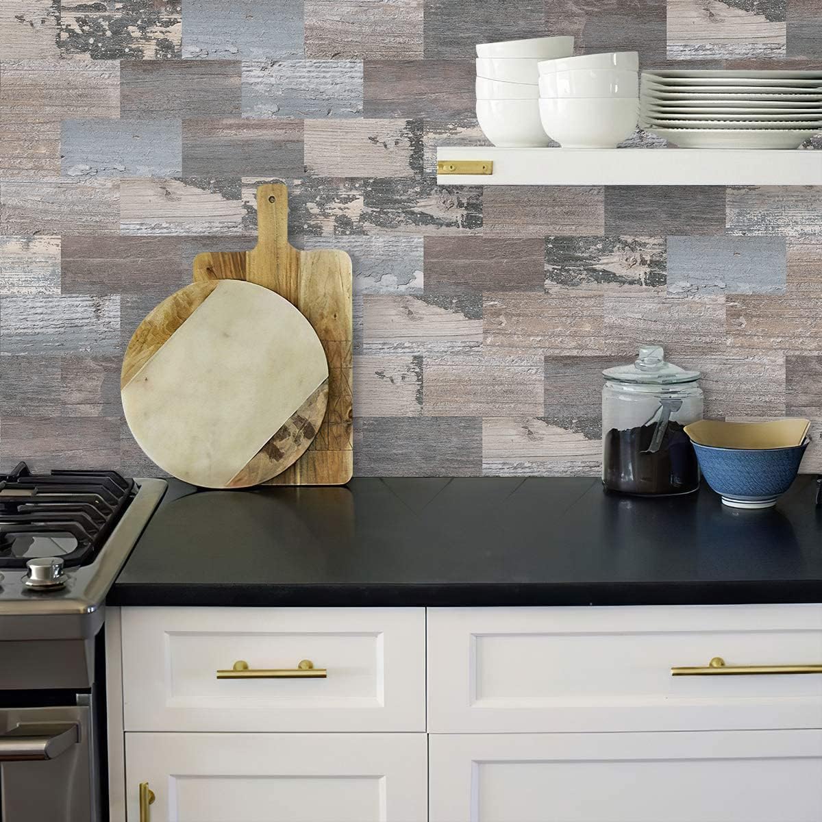 DEWOO Peel and Stick Rustic Backsplash Wall Tile Self Adhesive for Kitchen Farmhouse Faux Wood Look (10 - Sheet, 13.5" x 11.4") - DEWOO TILES