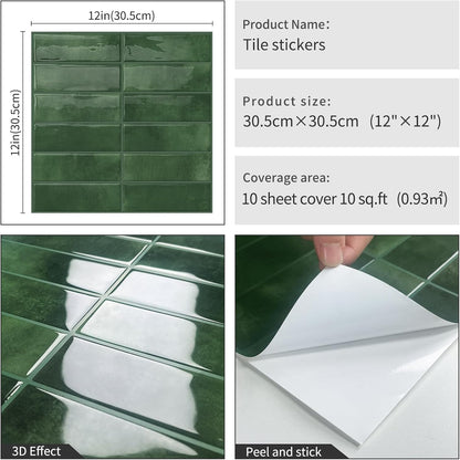 DEWOO Peel and Stick Subway Backsplash Green Kitchen Bathroom Rectangle Self Adhesive Wall Tile Brick (10 - Sheet, 12"×12") - DEWOO TILES