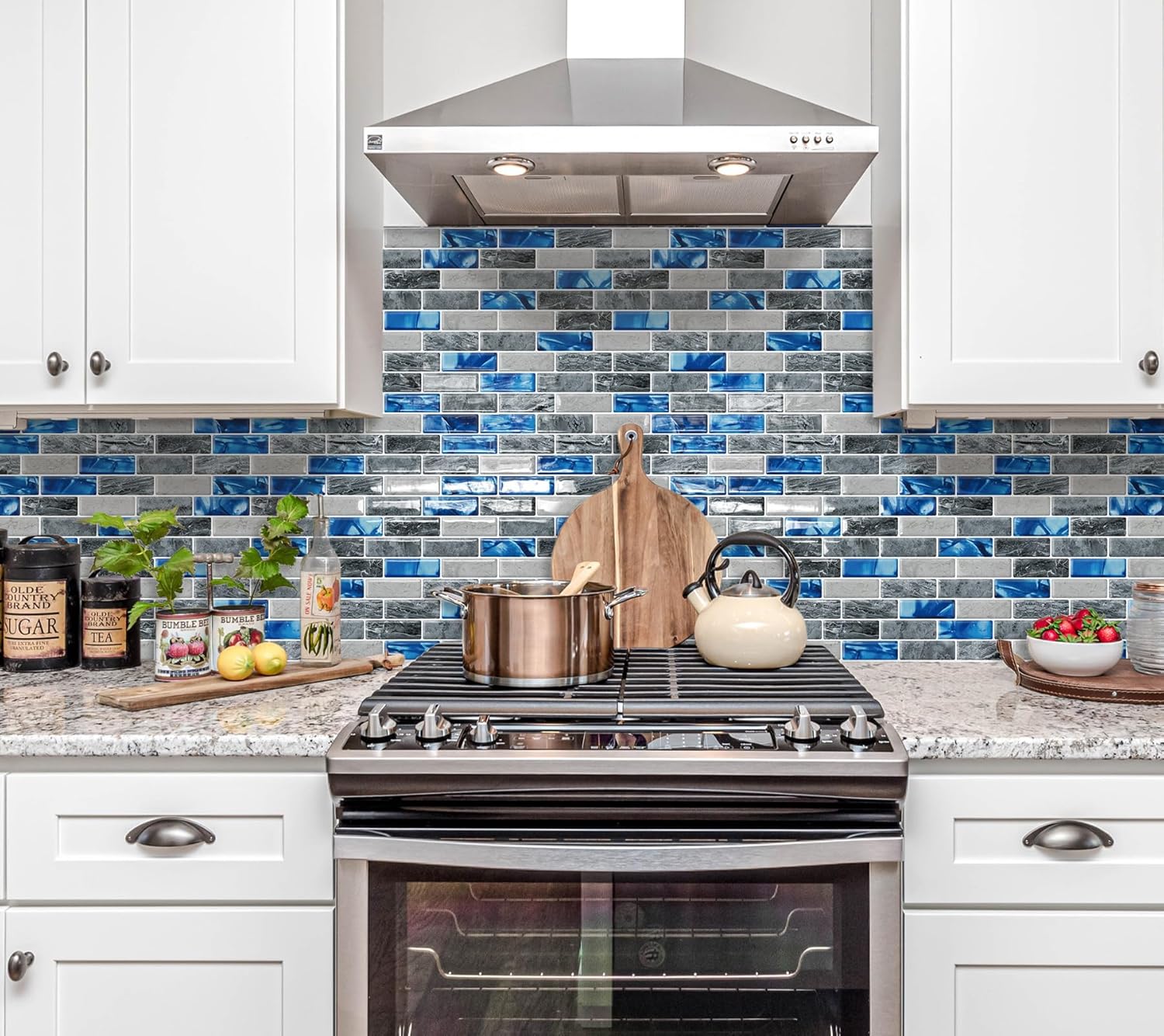 DEWOO Kitchen Backsplash Self Adhesive Wall 3D Marble Tiles Peel and Stick Bathroom, Blue (10 - Sheet, 12"×12") - DEWOO TILES