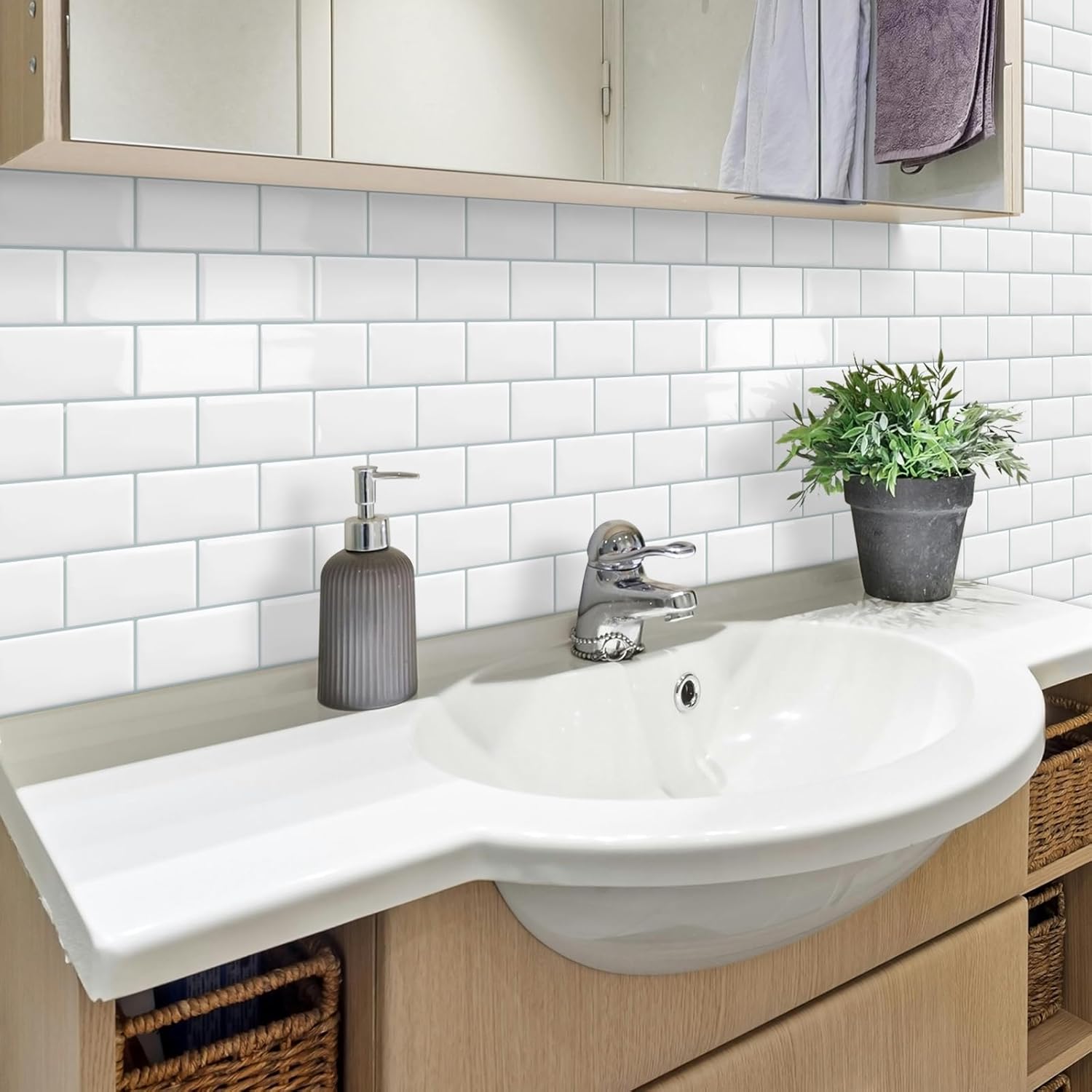 White Peel and Stick Backsplash Wall Tiles Self Adhesive for Kitchen Bathroom Subway Thick (10 - Sheet, 12"×12") - DEWOO TILES