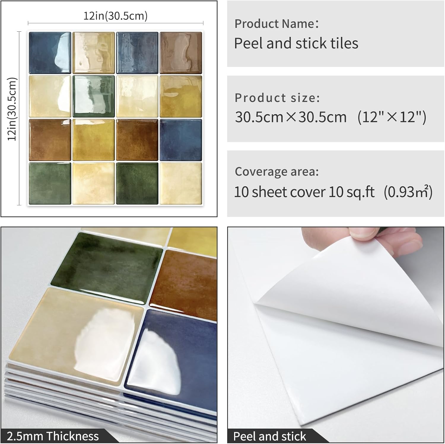Thick Kitchen Peel and Stick Backsplash Mosaic Tiles Square Self Adhesive Wall Tile Colorful (10 - Sheet,12"x12") - DEWOO TILES