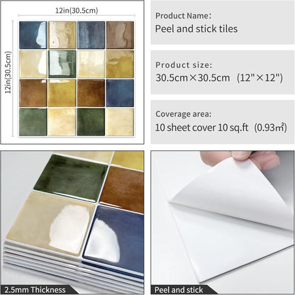 Thick Kitchen Peel and Stick Backsplash Mosaic Tiles Square Self Adhesive Wall Tile Colorful (10 - Sheet,12"x12") - DEWOO TILES