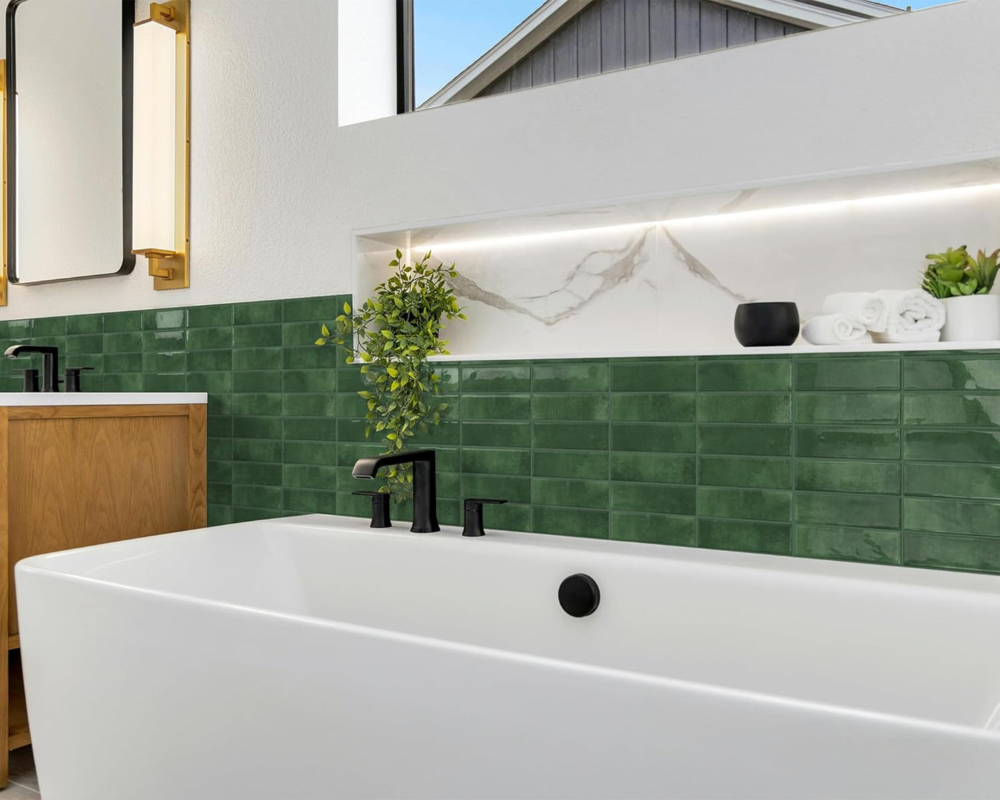 DEWOO Peel and Stick Subway Backsplash Green Kitchen Bathroom Rectangle Self Adhesive Wall Tile Brick (10 - Sheet, 12"×12") - DEWOO TILES