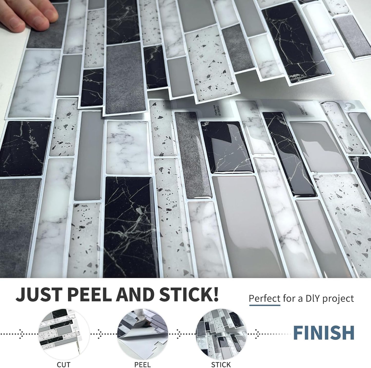 Peel and Stick on Self Adhesive Backsplash Wall Marble Tiles Stickers 3D for Kitchen Bathroom,Black (10 - Sheet, 12"×12") - DEWOO TILES