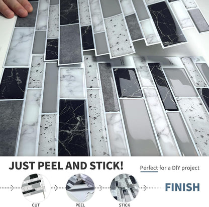 Peel and Stick on Self Adhesive Backsplash Wall Marble Tiles Stickers 3D for Kitchen Bathroom,Black (10 - Sheet, 12"×12") - DEWOO TILES
