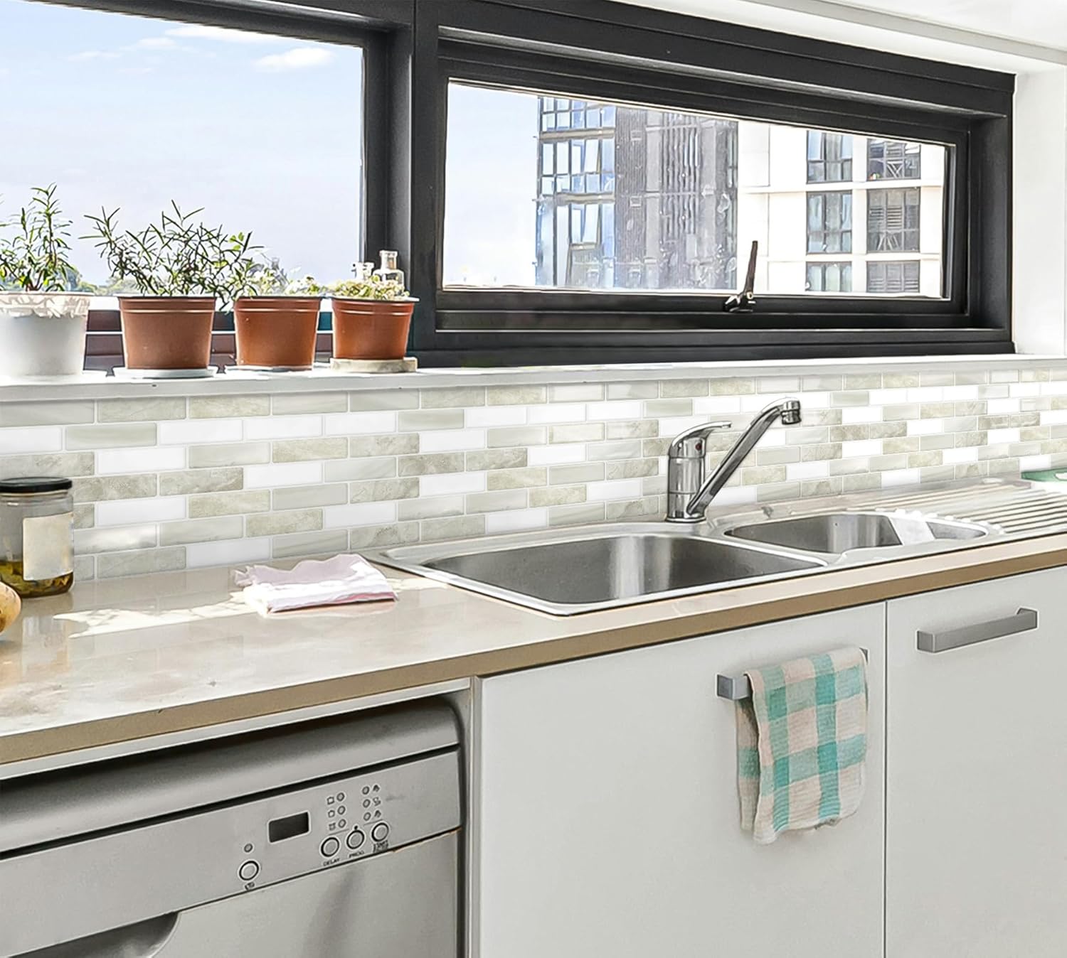 Thick Peel and Stick Backsplash Tile 12"x12" Kitchen Bathroom Self Adhesive Wall Tiles Beige & White (10 - Sheet) - DEWOO TILES