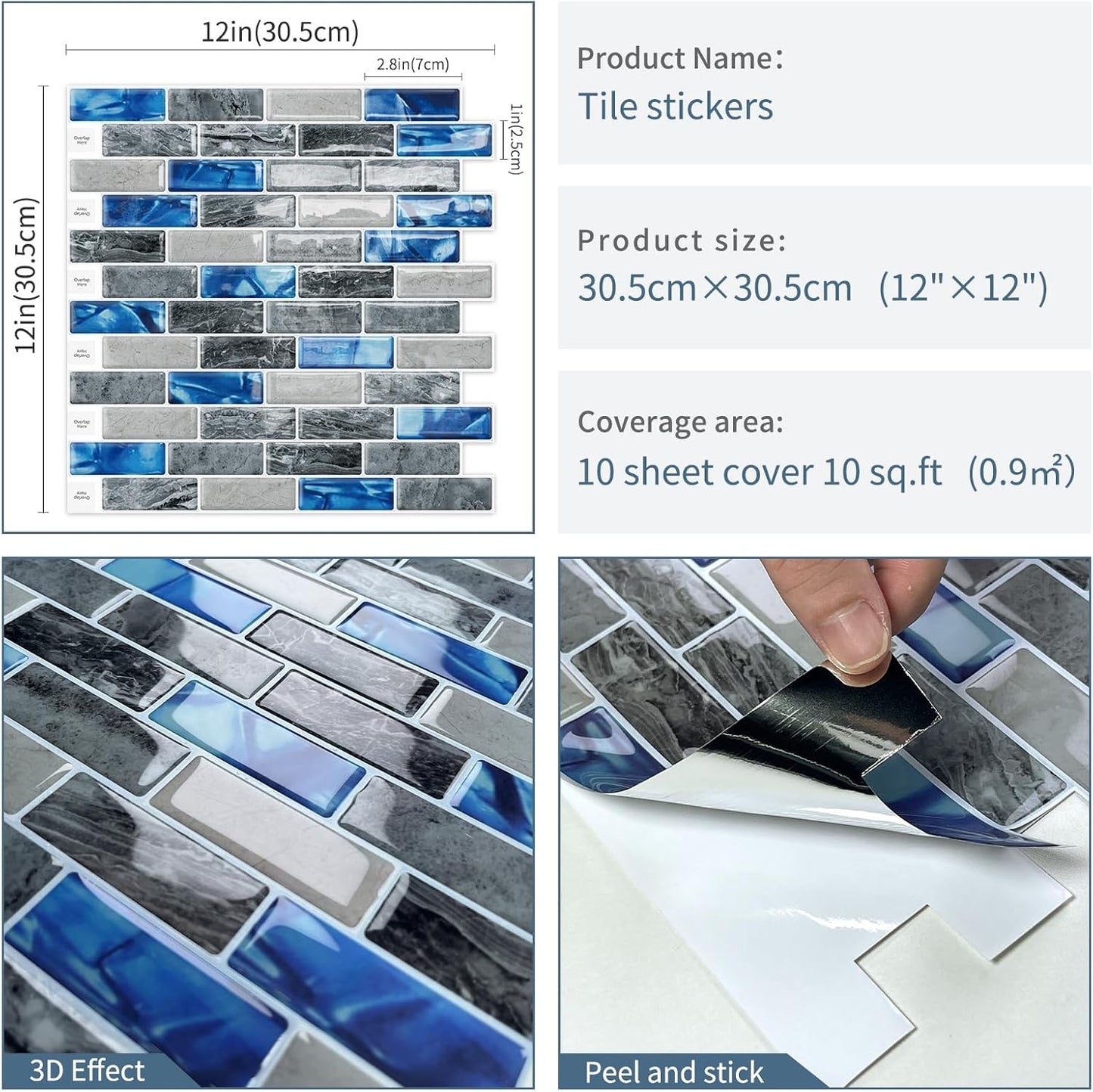 DEWOO Kitchen Backsplash Self Adhesive Wall 3D Marble Tiles Peel and Stick Bathroom, Blue (10 - Sheet, 12"×12") - DEWOO TILES