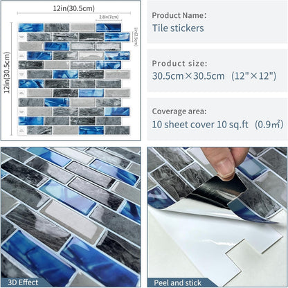 DEWOO Kitchen Backsplash Self Adhesive Wall 3D Marble Tiles Peel and Stick Bathroom, Blue (10 - Sheet, 12"×12") - DEWOO TILES