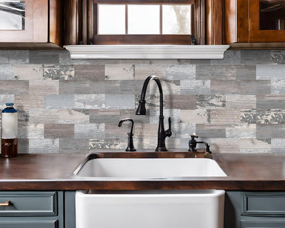 DEWOO Peel and Stick Rustic Backsplash Wall Tile Self Adhesive for Kitchen Farmhouse Faux Wood Look (10 - Sheet, 13.5" x 11.4") - DEWOO TILES