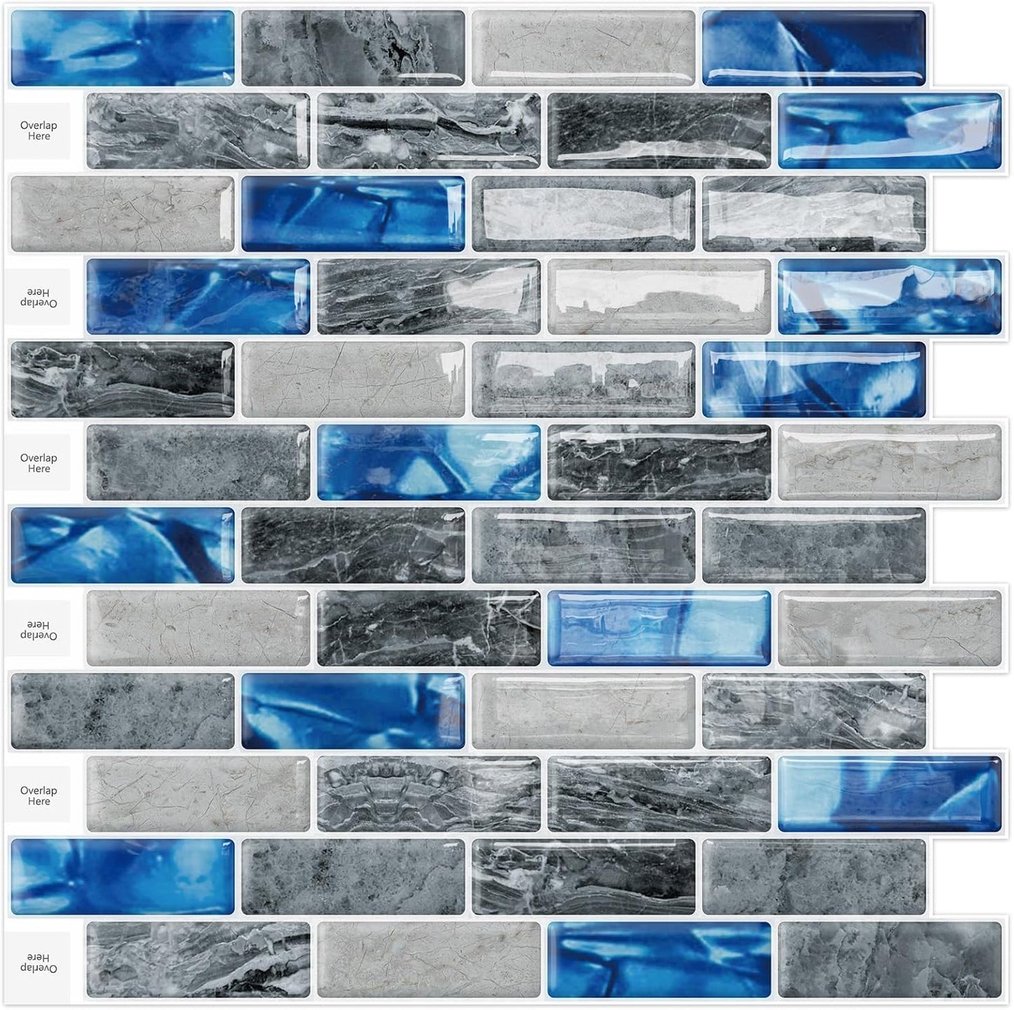 DEWOO Kitchen Backsplash Self Adhesive Wall 3D Marble Tiles Peel and Stick Bathroom, Blue (10 - Sheet, 12"×12") - DEWOO TILES