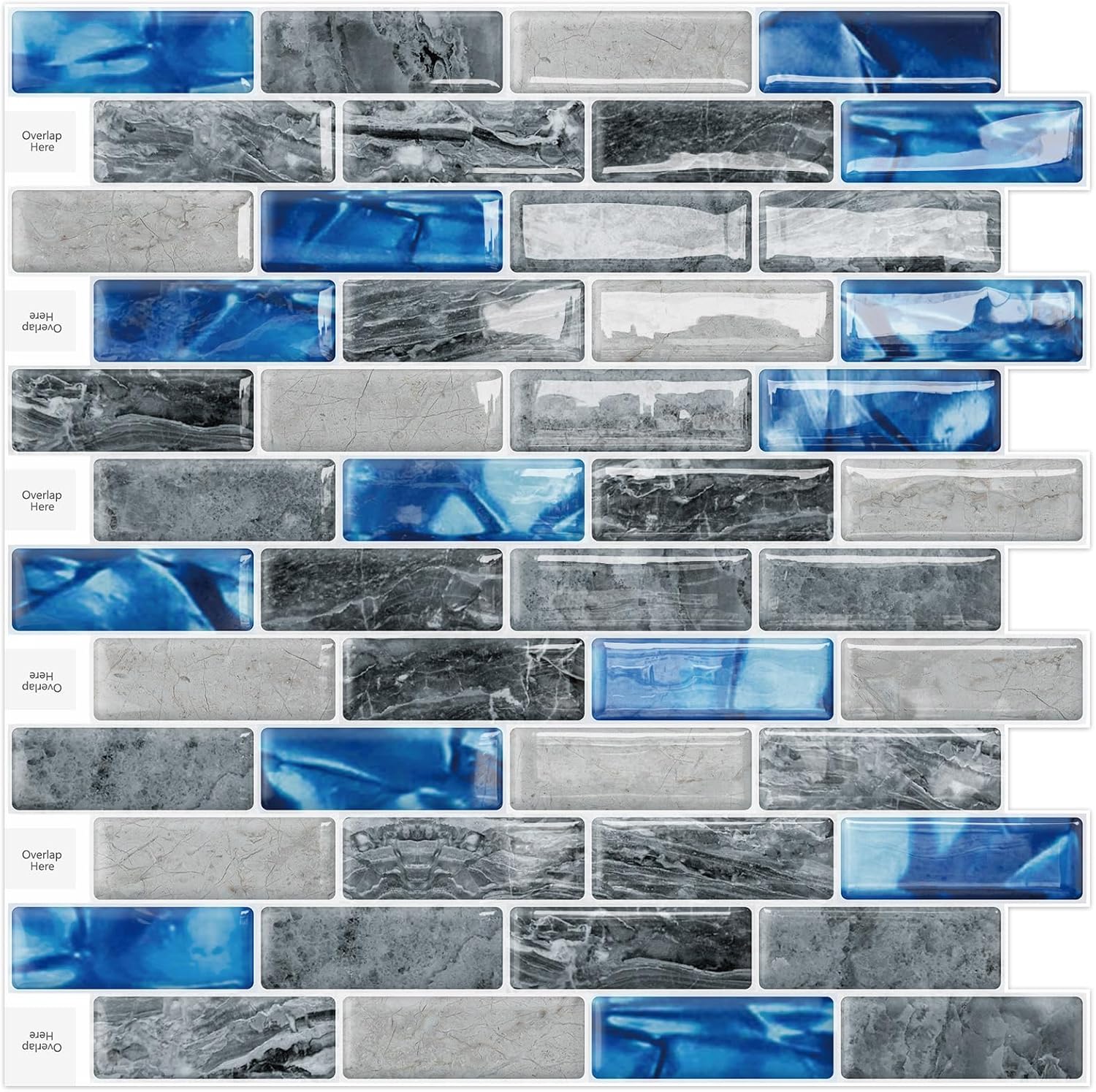 DEWOO Kitchen Backsplash Self Adhesive Wall 3D Marble Tiles Peel and Stick Bathroom, Blue (10 - Sheet, 12"×12") - DEWOO TILES