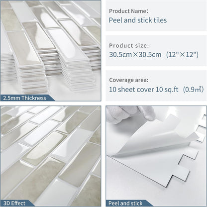 Thick Peel and Stick Backsplash Tile 12"x12" Kitchen Bathroom Self Adhesive Wall Tiles Beige & White (10 - Sheet) - DEWOO TILES