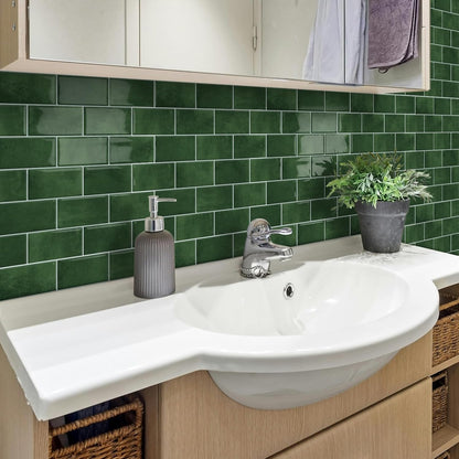 Thick Green Peel and Stick Backsplash Subway Tile 3D Brick Self Adhesvie Wall Tiles for Kitchen Bathroom (10 - Sheet, 12"×12") - DEWOO TILES