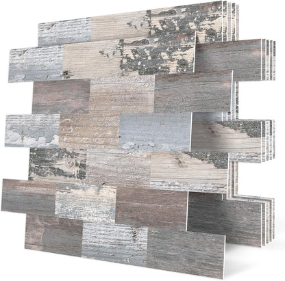 DEWOO Peel and Stick Rustic Backsplash Wall Tile Self Adhesive for Kitchen Farmhouse Faux Wood Look (10 - Sheet, 13.5" x 11.4") - DEWOO TILES